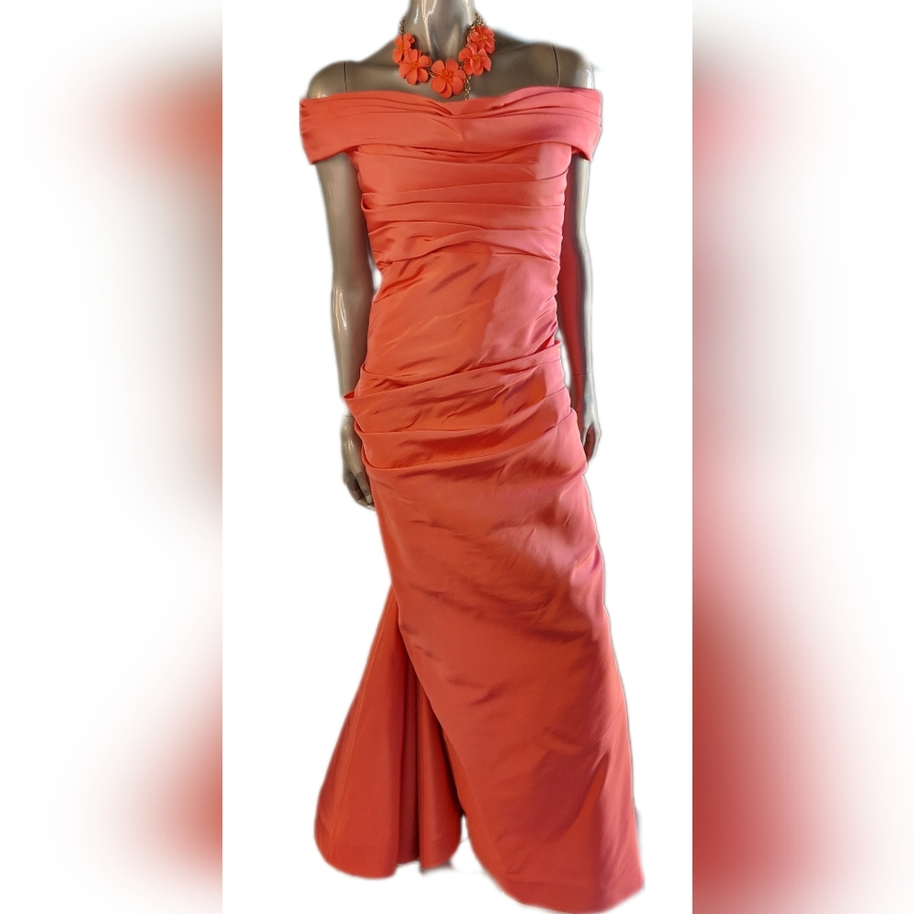 $5,700 ROLAND NIVELAIS CORAL ORANGE SILK RUNWAY GOWN US M